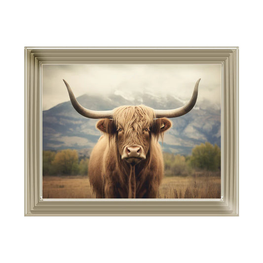 A framed picture of a Highland cow with a mountainous background, predominantly brown and beige tones with a gold frame.