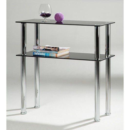A console table with black glass shelves and silver legs