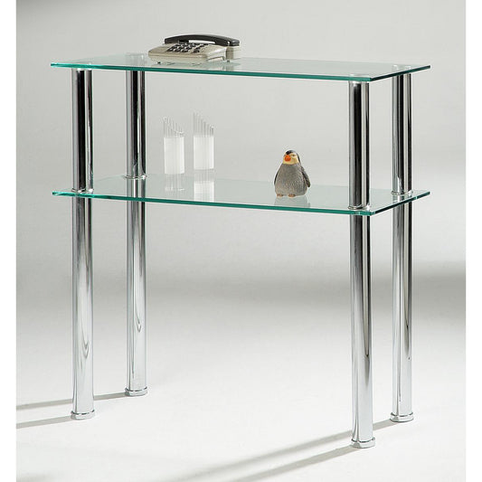 A clear glass console table with chrome legs, featuring a bird perched on it and a few objects on the table.
