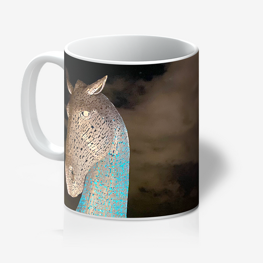 Mug with a decorative design of a horse's head on a dark background