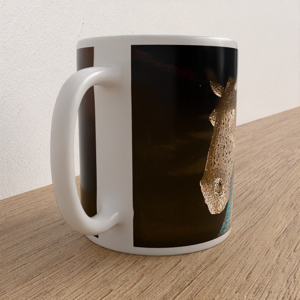 White mug with a black interior on a wooden surface