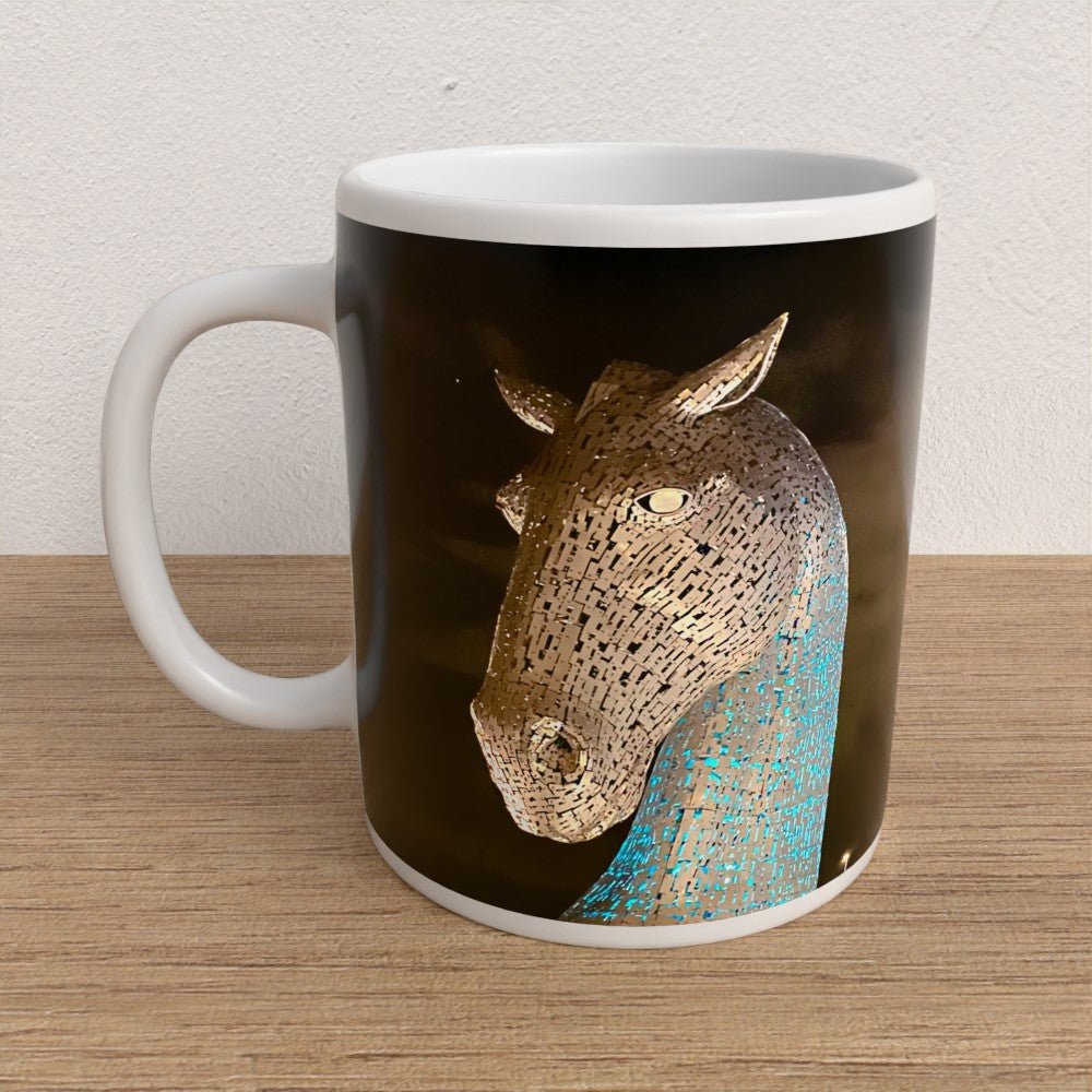 Mug with a gold horse head design on a wooden surface
