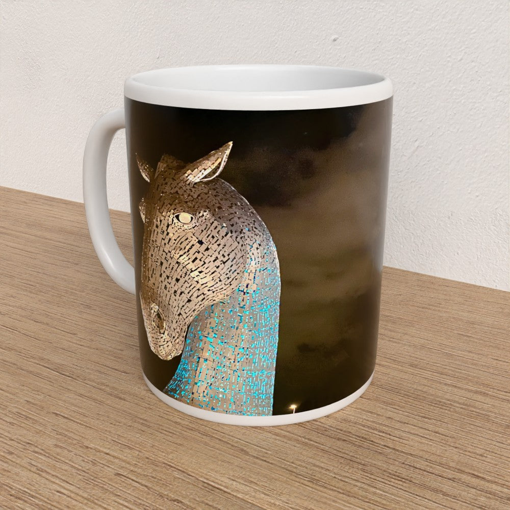 Mug with a decorative design of a horse's head on a wooden surface