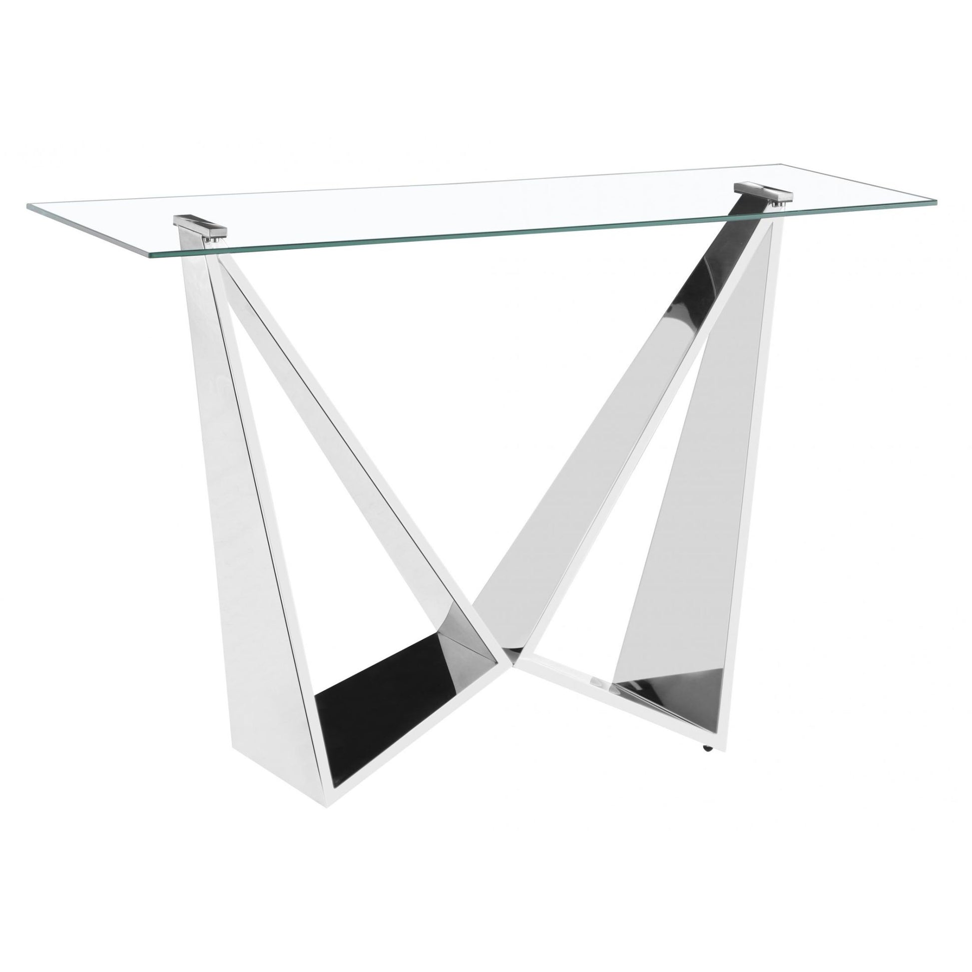 A clear glass console table with silver metal legs, rectangular in shape, intended for use in entryways or hallways.