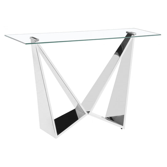 A clear glass console table with silver metal legs, rectangular in shape, intended for use in entryways or hallways.