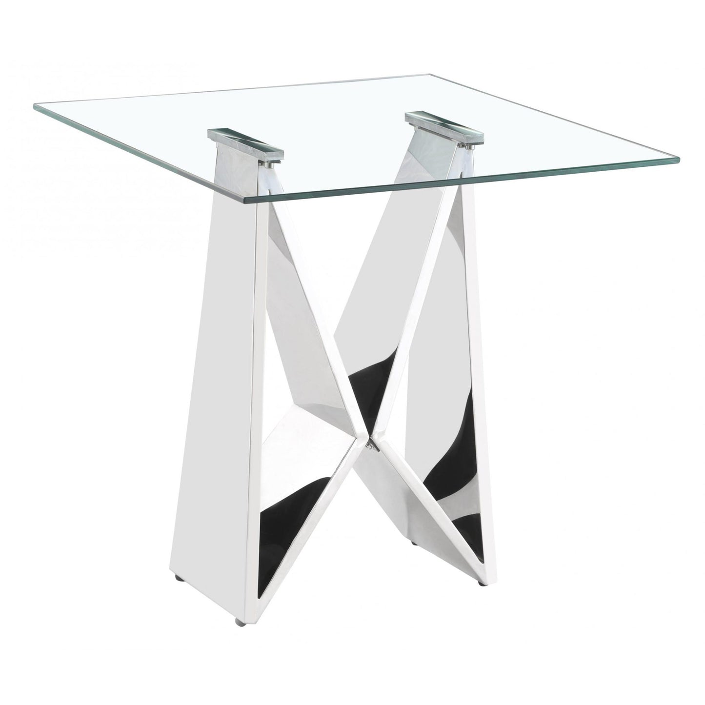 Glass table with modern white and black base on a white background