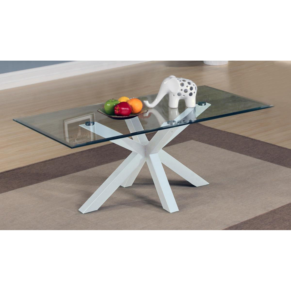 A white high gloss coffee table with a glass top, featuring a minimalist design.