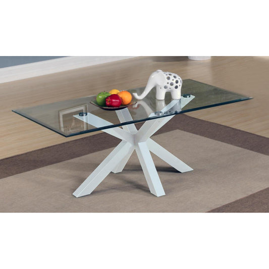 A white high gloss coffee table with a glass top, featuring a minimalist design.