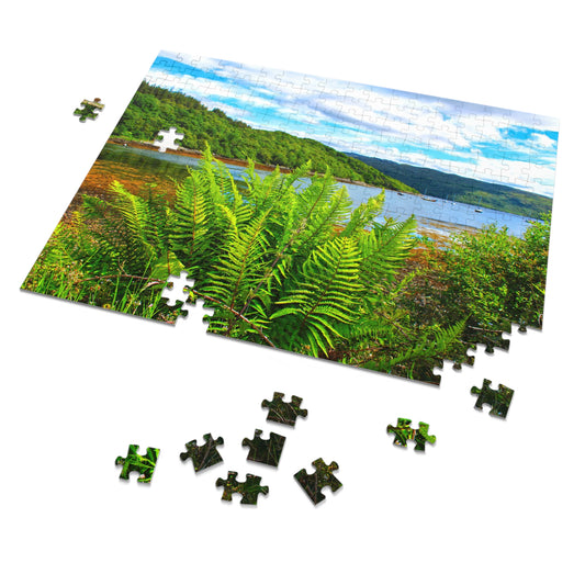Jigsaw puzzle with a scenic view of a lake and greenery, with pieces missing.