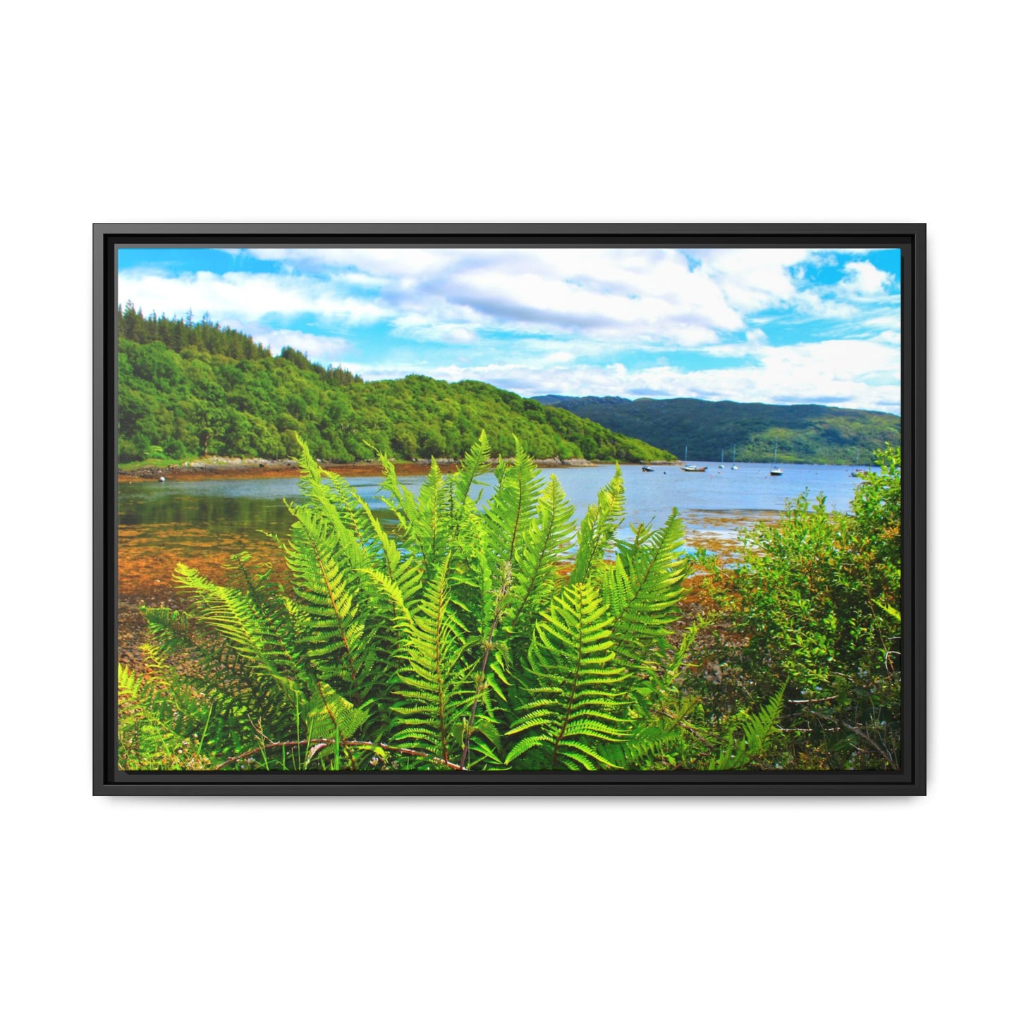 Framed picture of a scenic landscape with greenery and water.
