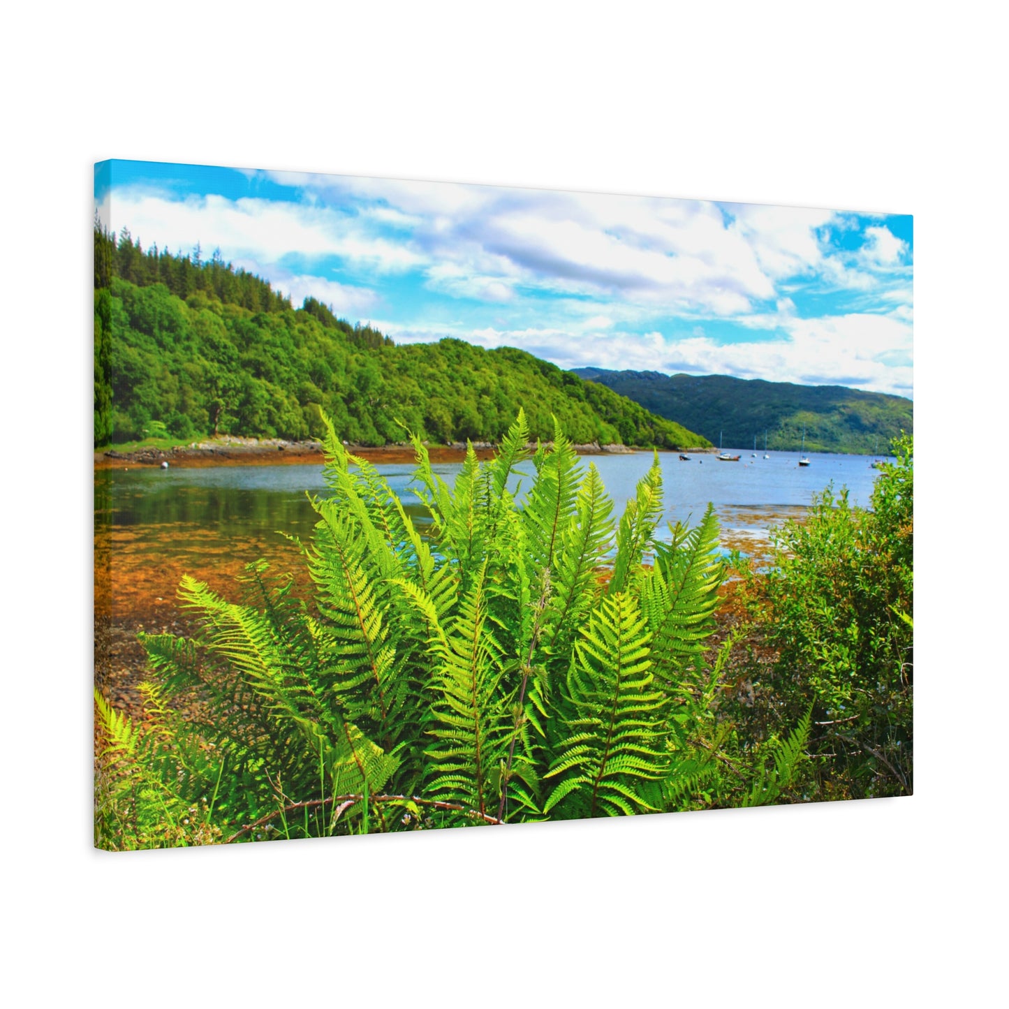 Landscape canvas print with a view of a lake and mountains.