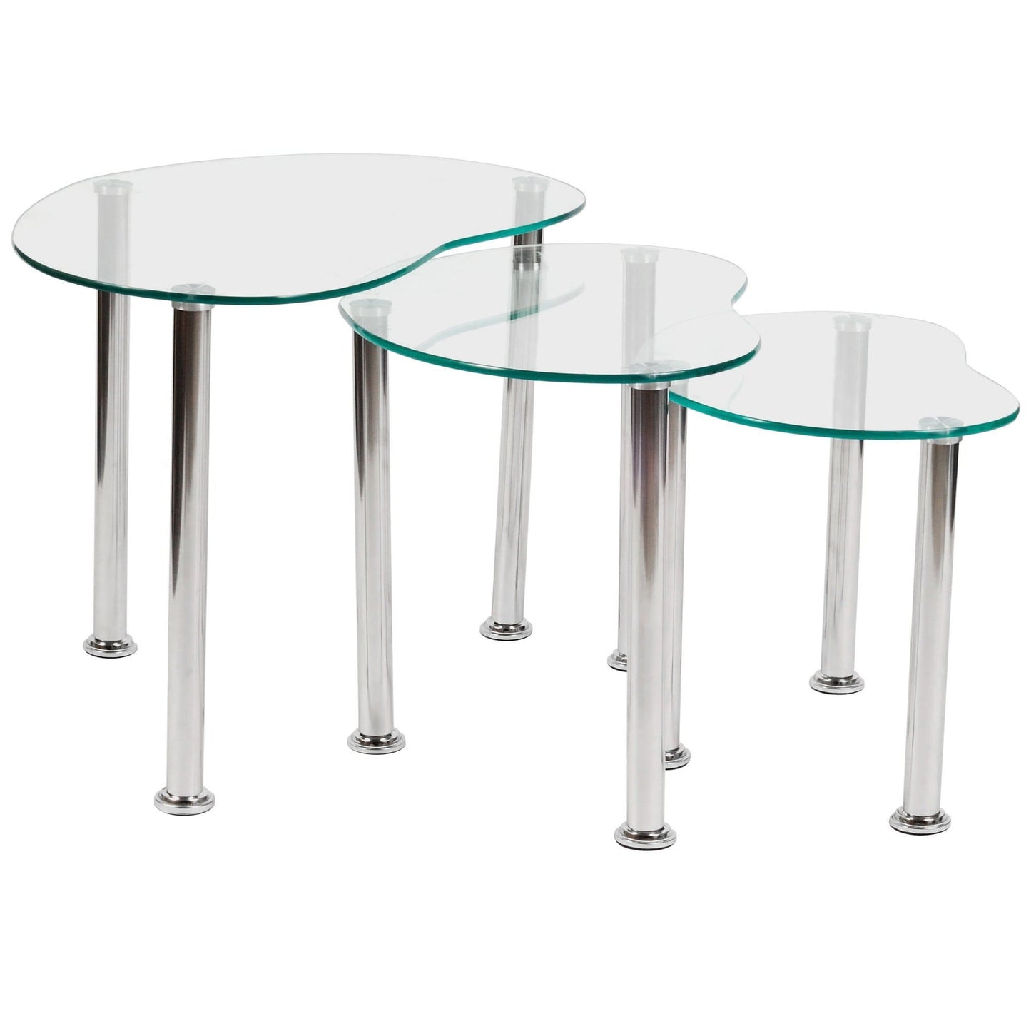 A set of three clear glass tables with stainless steel legs, varying in size.