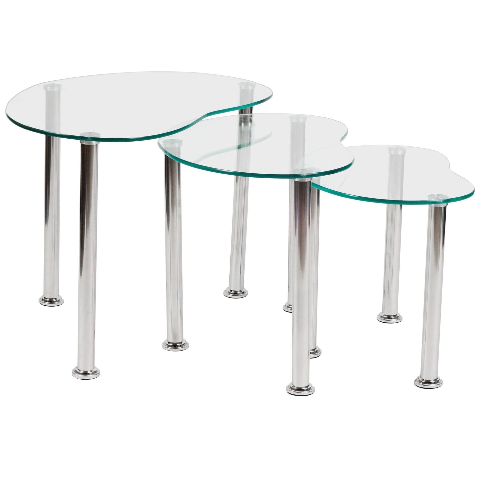 A set of three clear glass tables with stainless steel legs, varying in size.