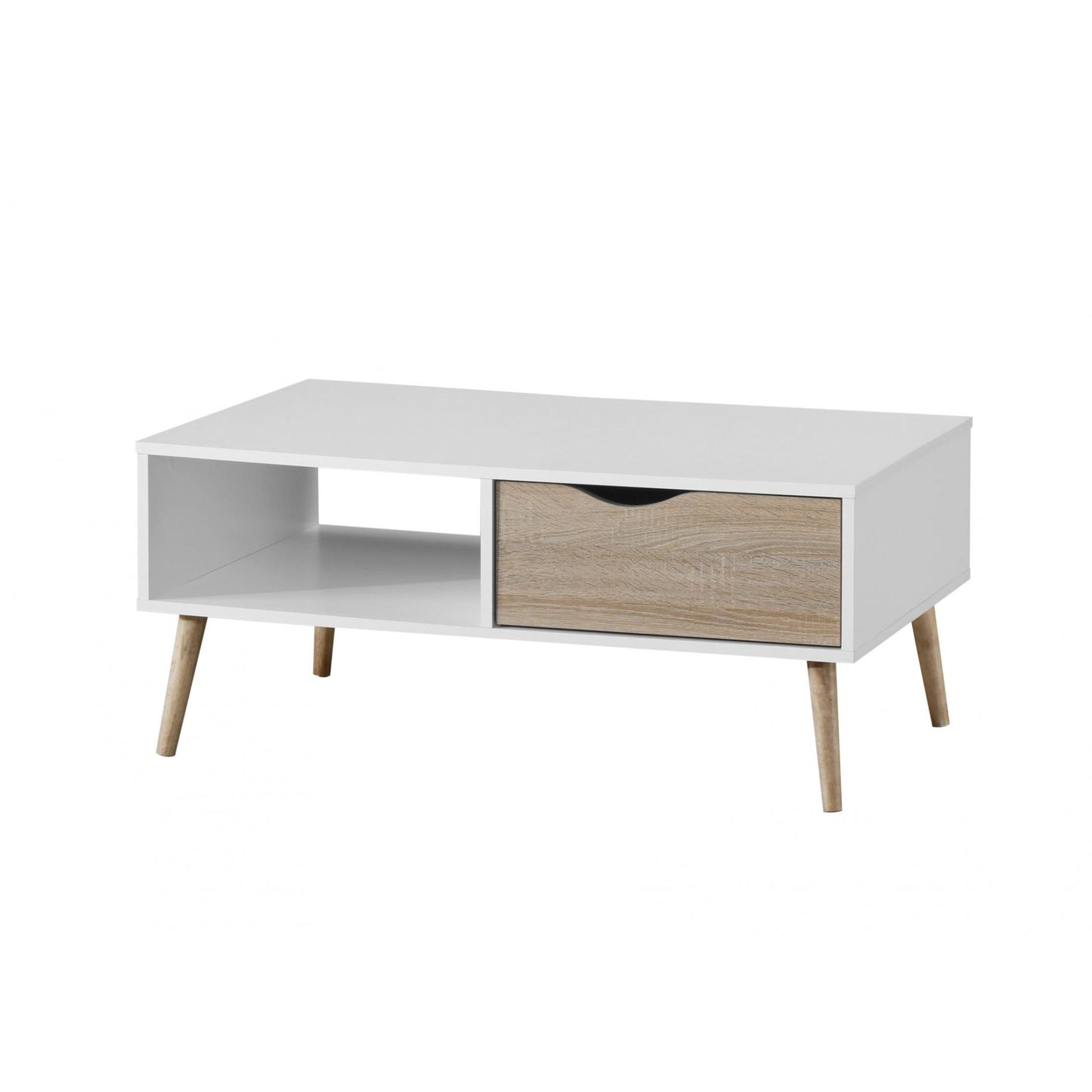 White coffee table with a drawer and wooden legs on a white background