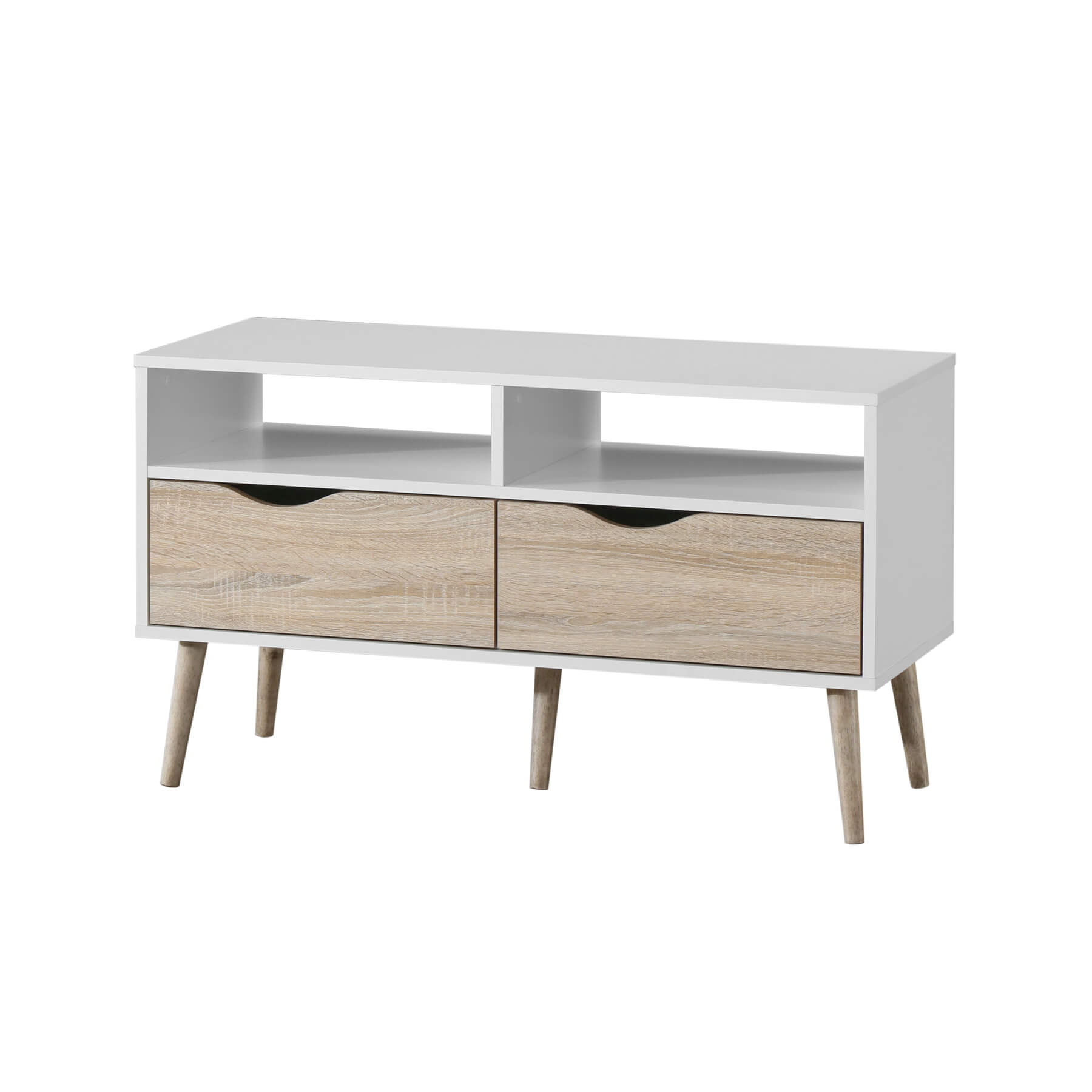 White TV unit with two oak effect drawers and wooden legs.