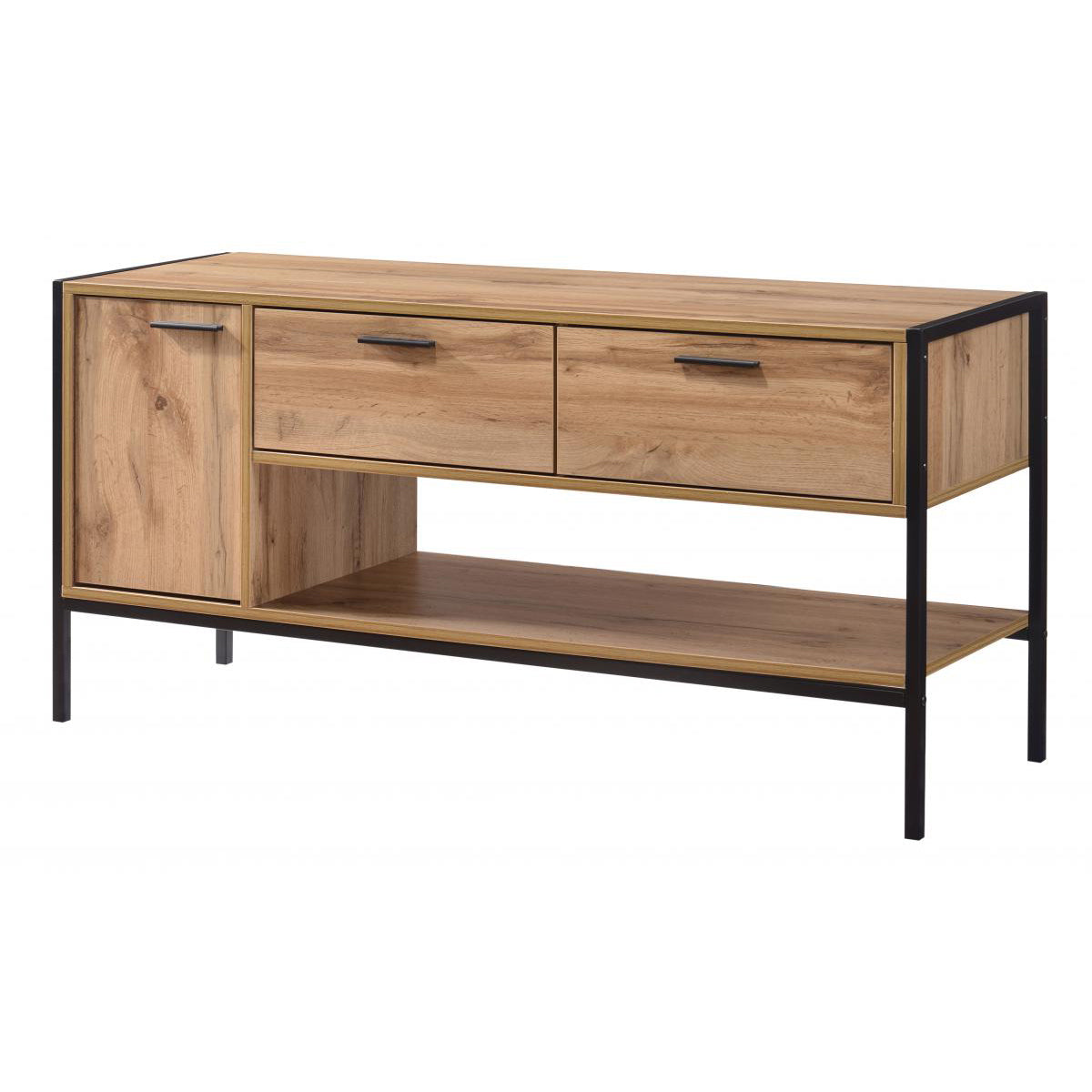 A large TV unit with oak effect finish, featuring one door and two drawers, with a black metal frame.