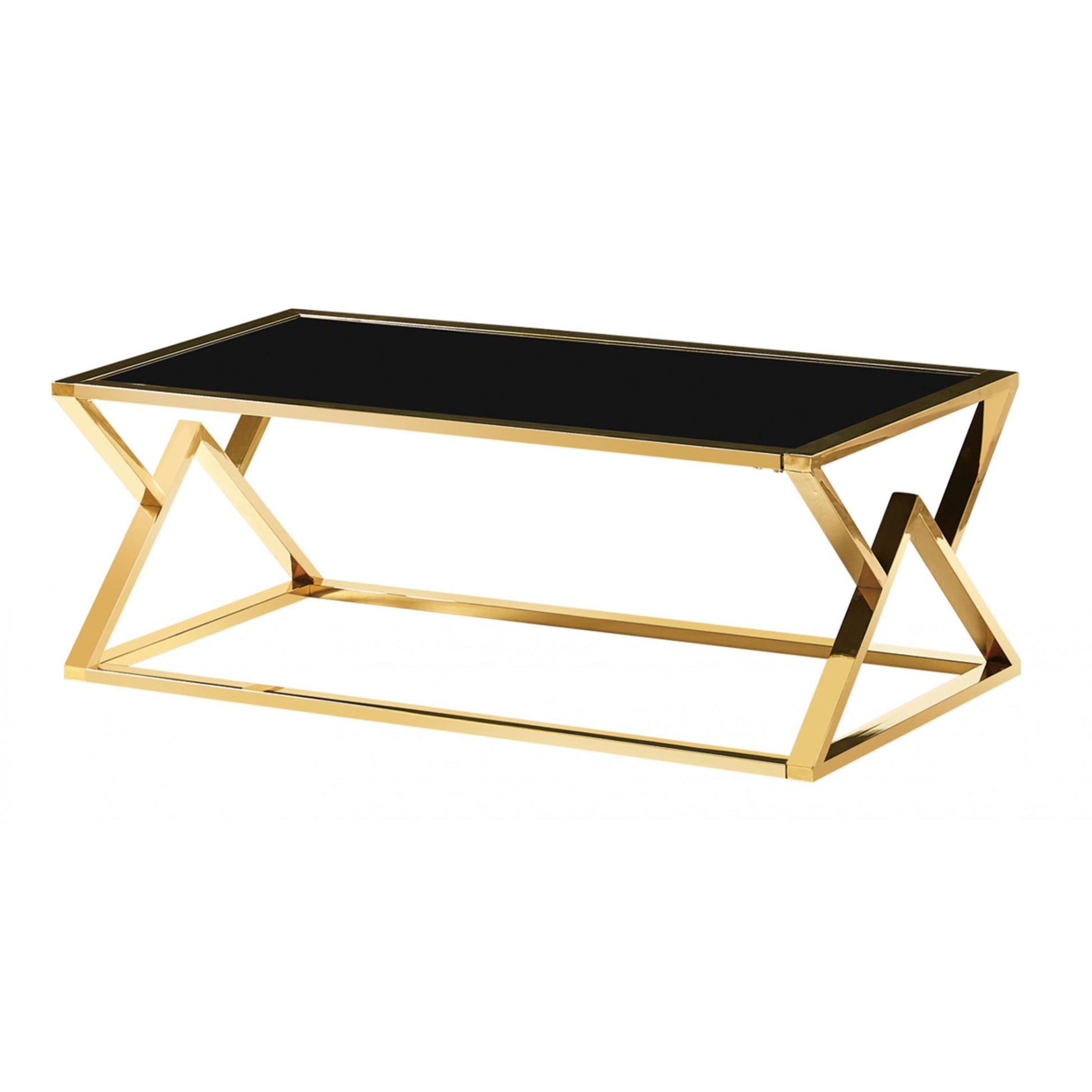 Gold coffee table with black glass top on a white background