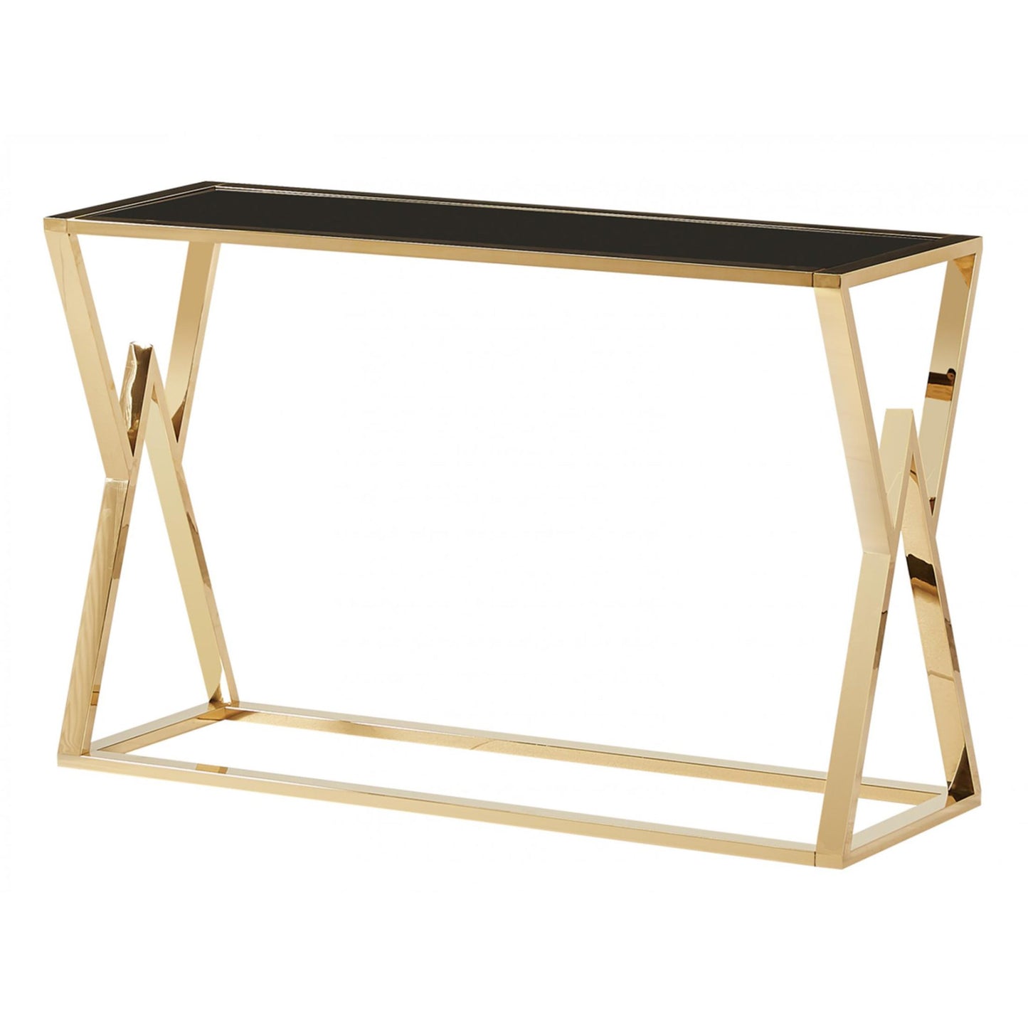 A black glass console table with gold metal legs, rectangular in shape and intended for use in entryways or hallways.