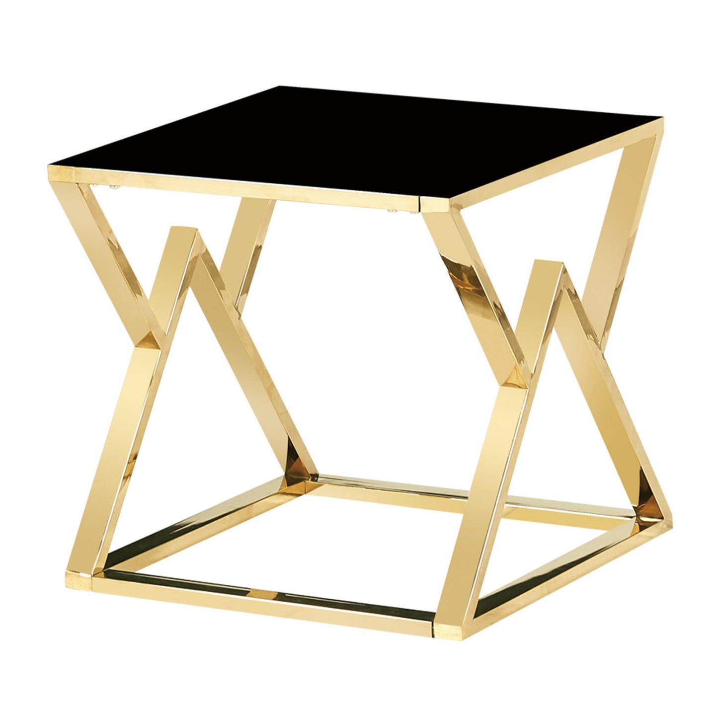 Gold geometric side table with black glass top on a white background