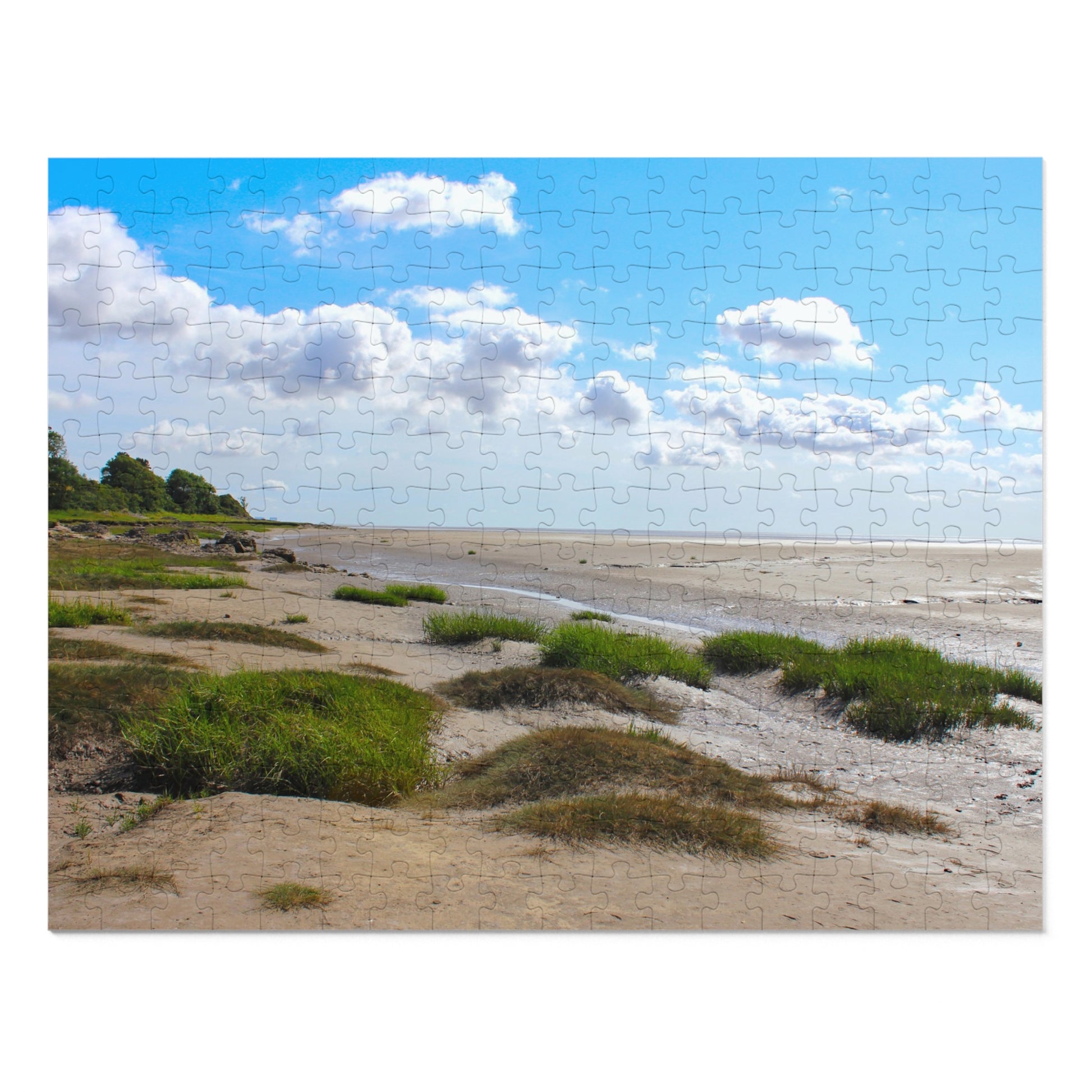 Scenic landscape with a beach and sky, resembling a puzzle.
