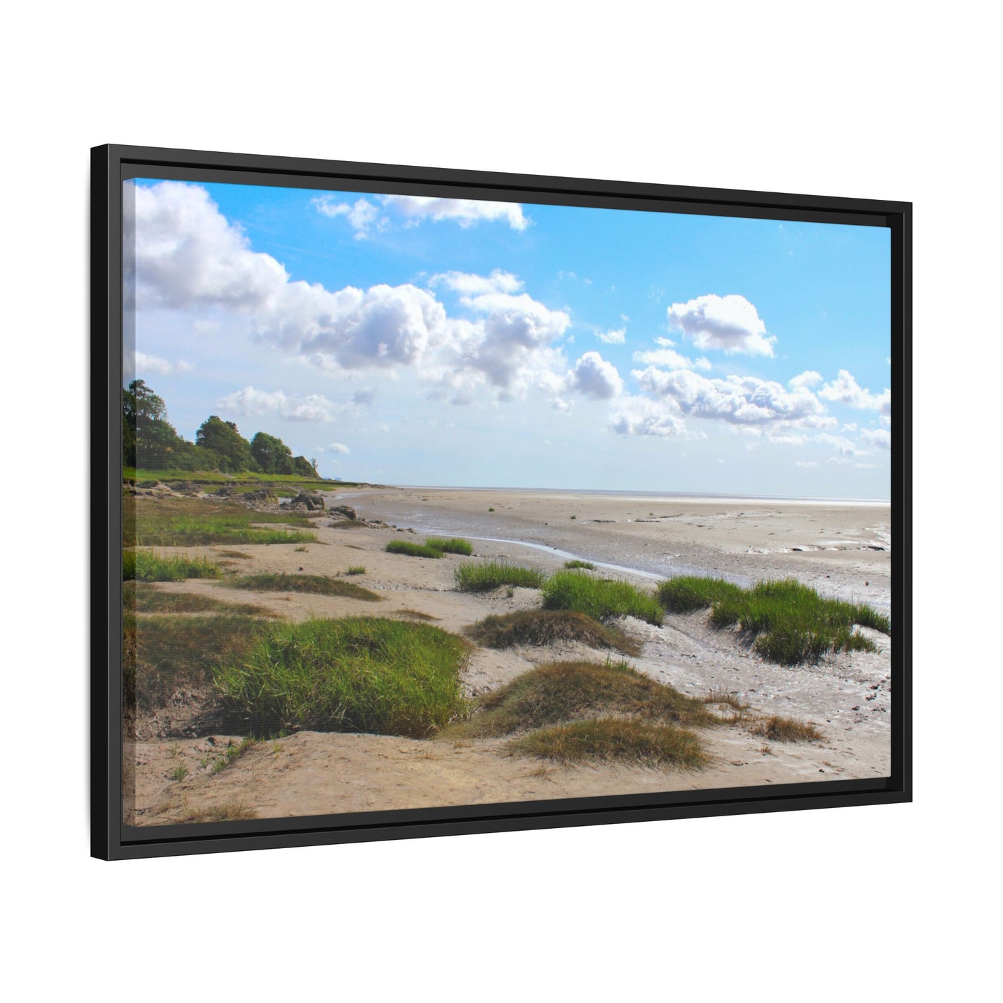 Beach scene with sand, grass, and a blue sky with clouds, framed in black.