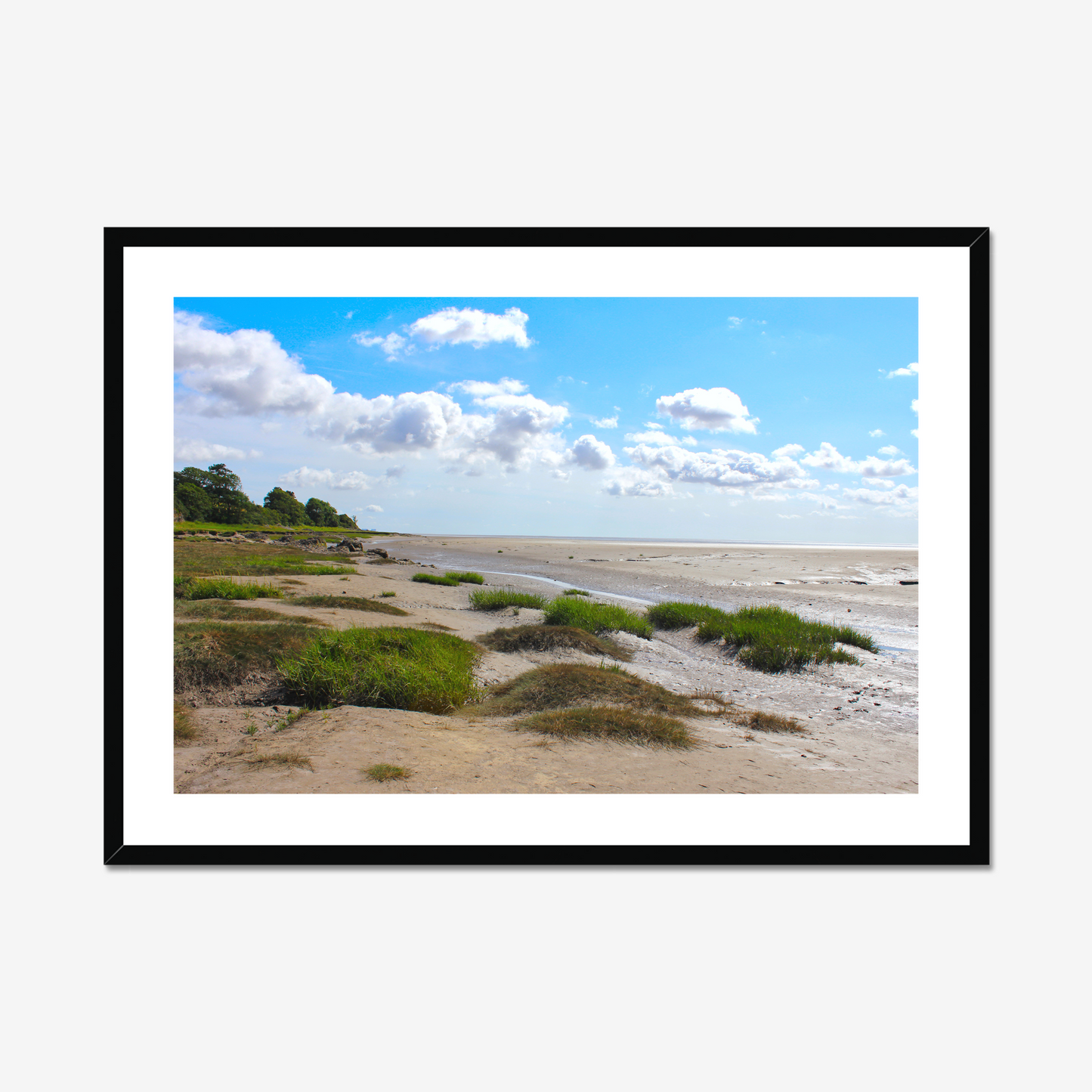Framed photograph of a coastal landscape with sandy terrain and green shrubs under a blue sky with clouds.