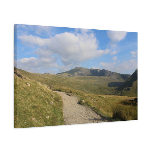 Scenic view of a mountain landscape with a path leading towards the mountains under a blue sky.