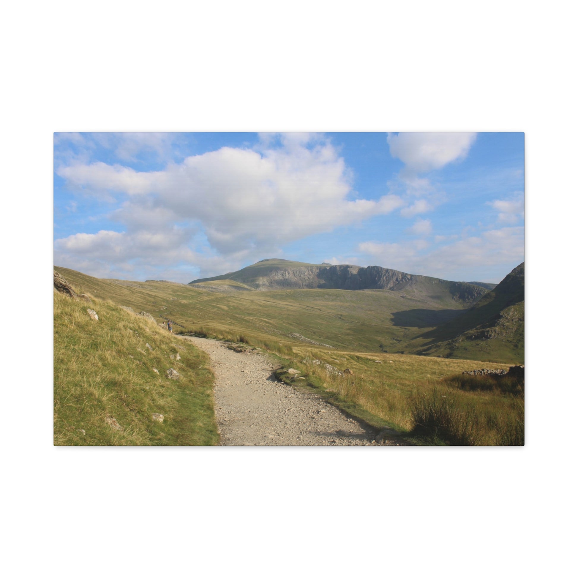 Path leading towards a mountain under a blue sky with clouds