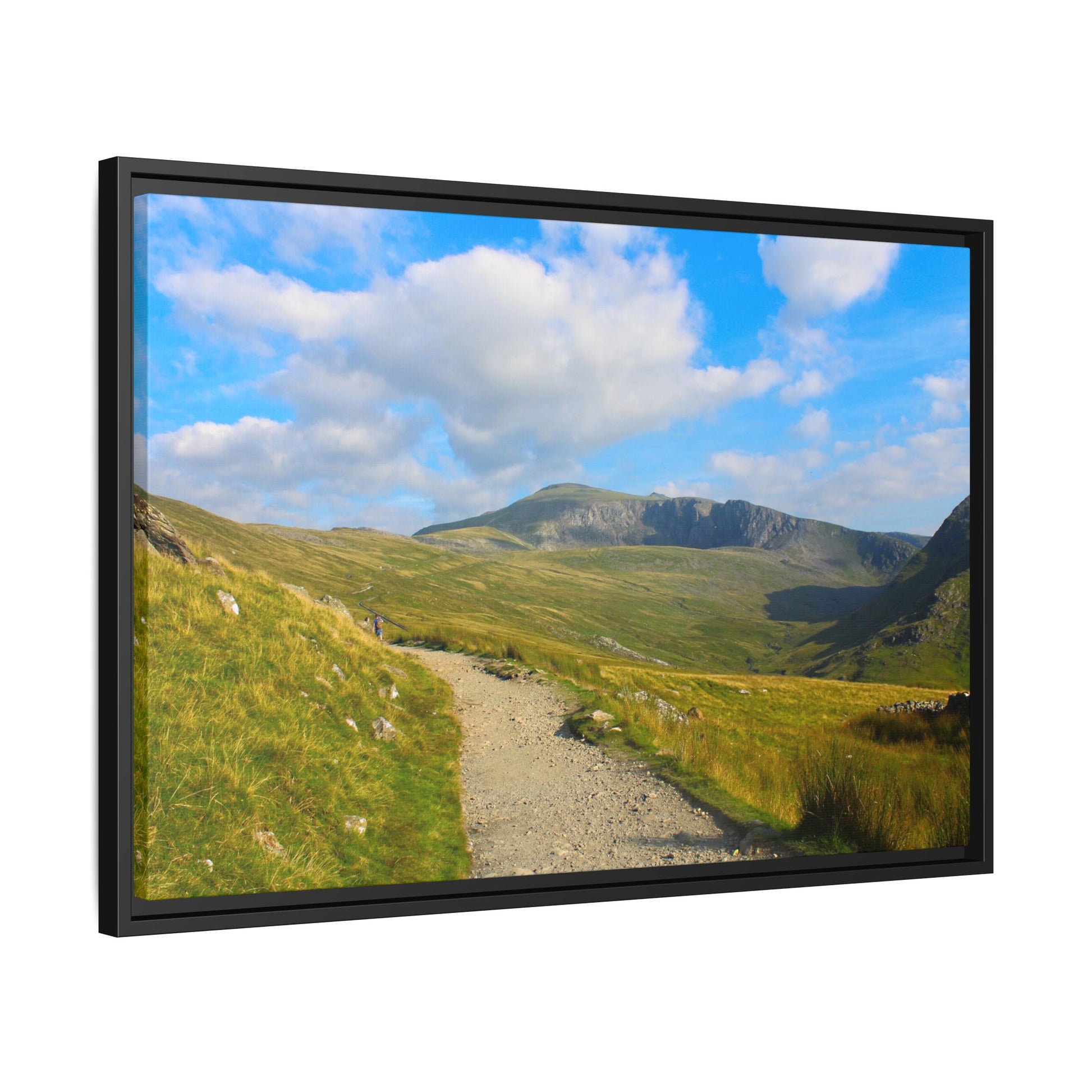 Scenic view of a mountain landscape with a path and blue sky.