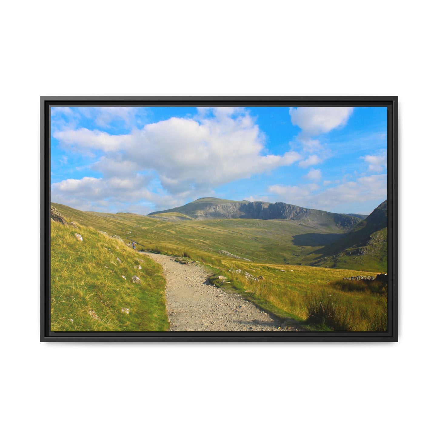 Scenic view of a mountain landscape with a path and blue sky.