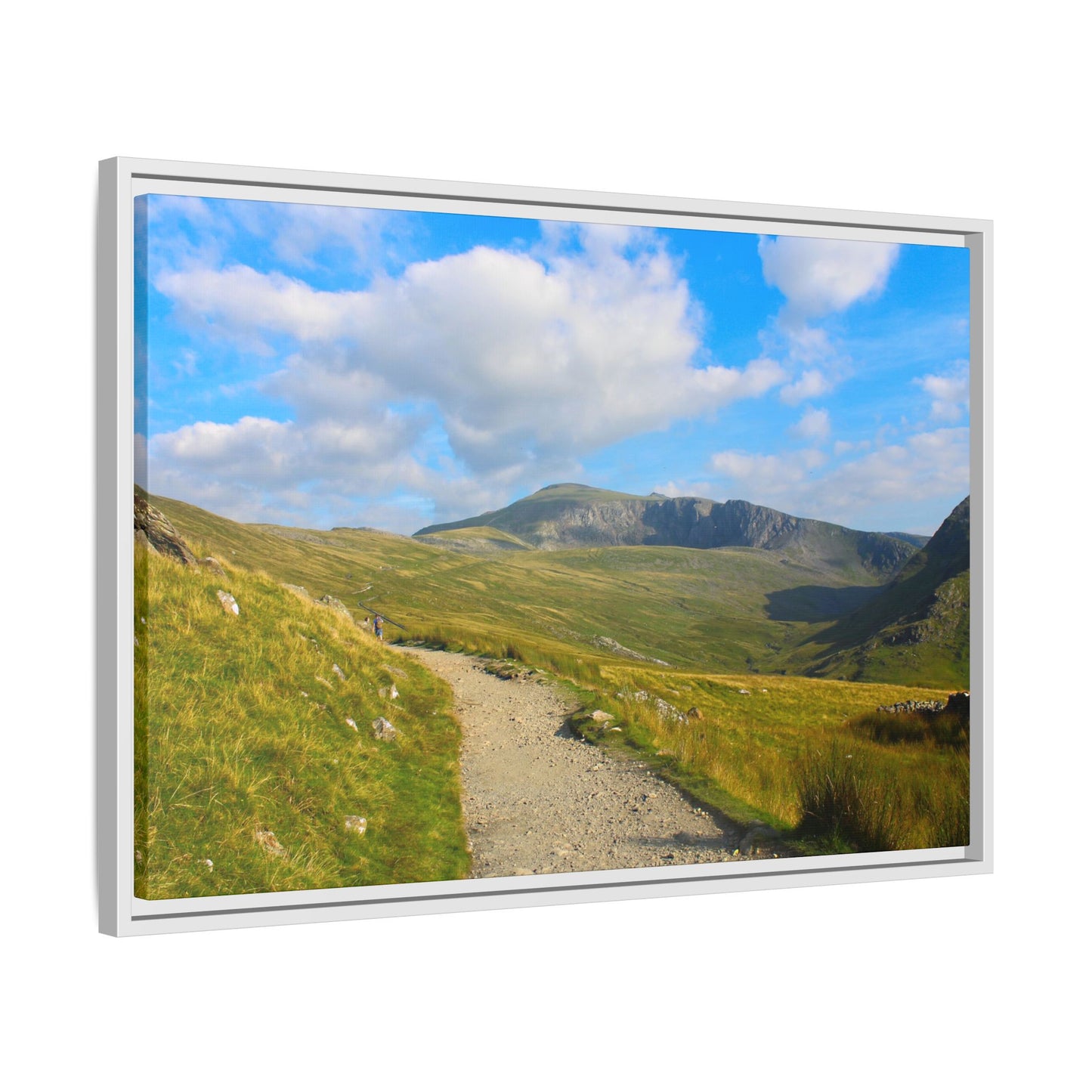 Scenic view of a mountain landscape with a path and blue sky.