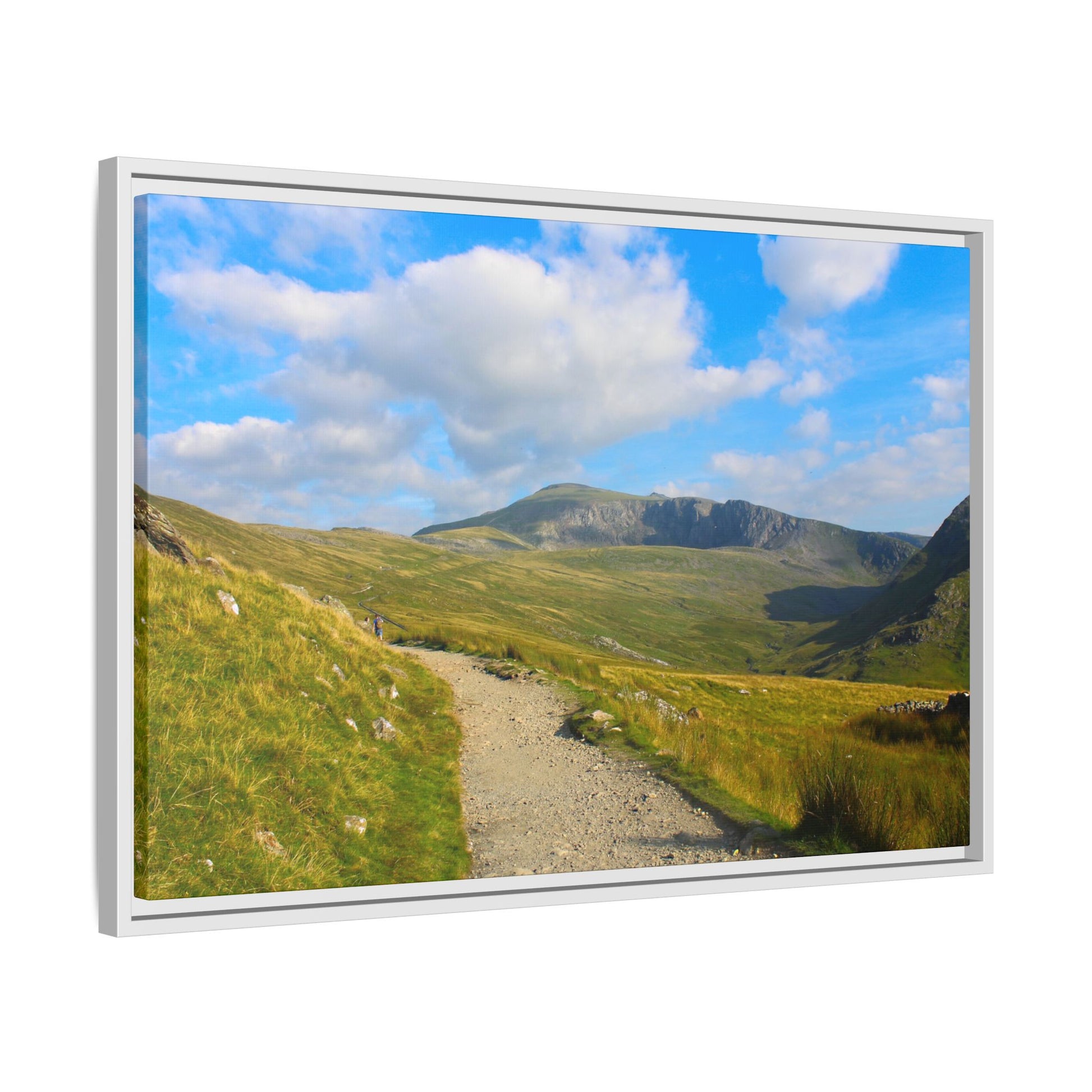 Scenic view of a mountain landscape with a path and blue sky.