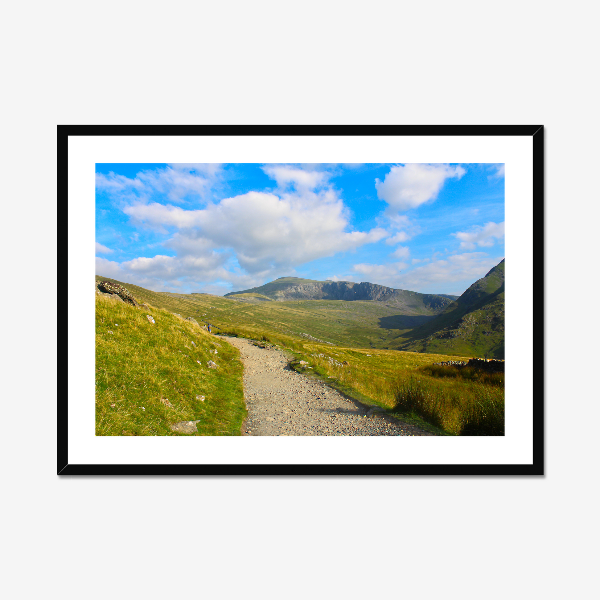 Scenic view of a mountain landscape with a clear blue sky and a path leading towards the mountains.