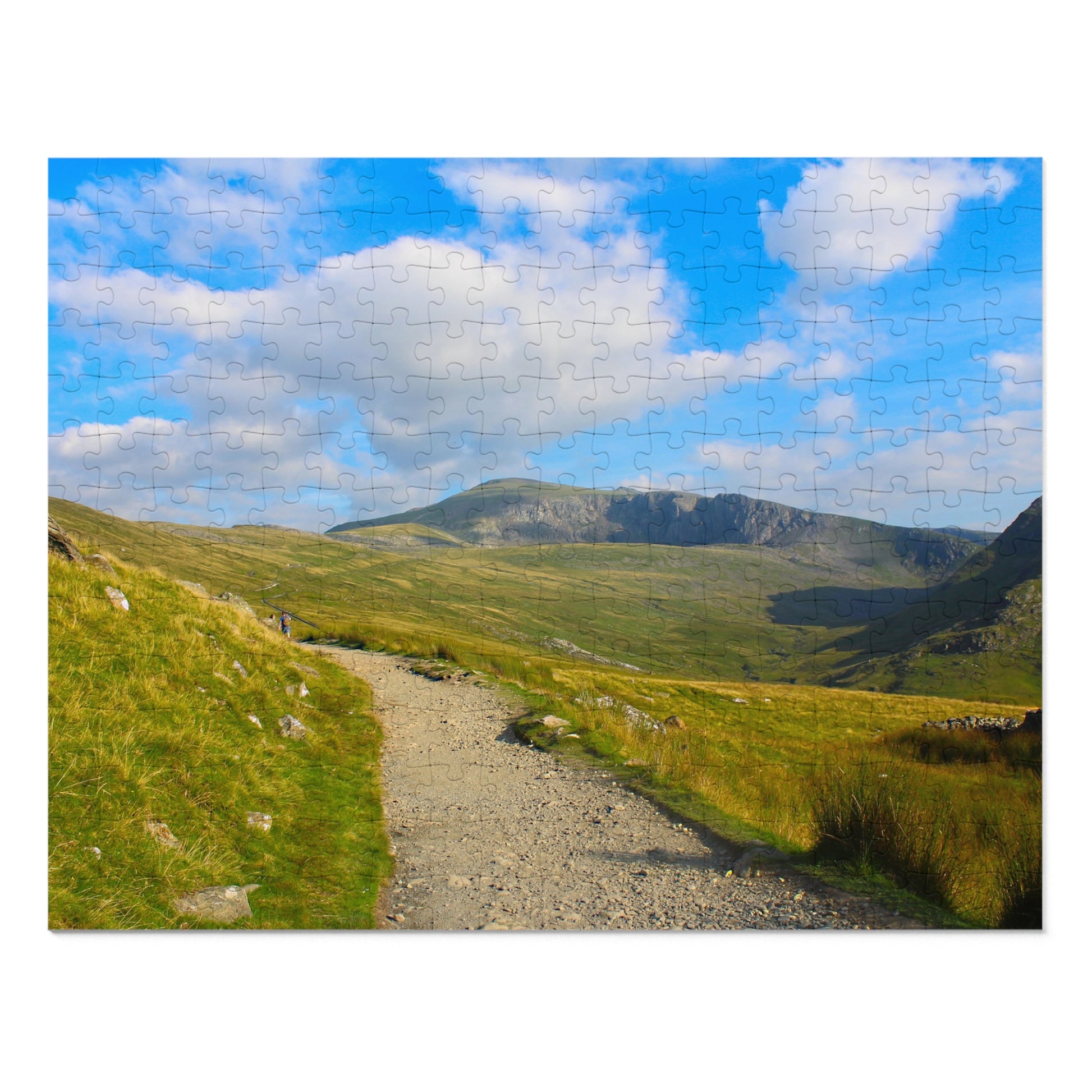 Scenic landscape with a path leading to mountains under a blue sky with clouds.