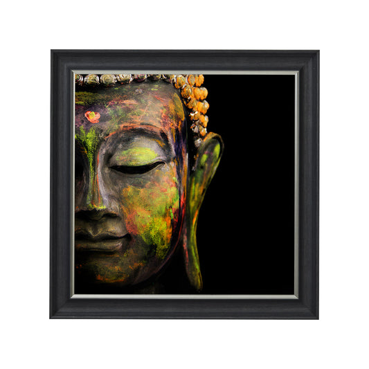 A black framed picture featuring a colourful neon depiction of a Buddha's face.