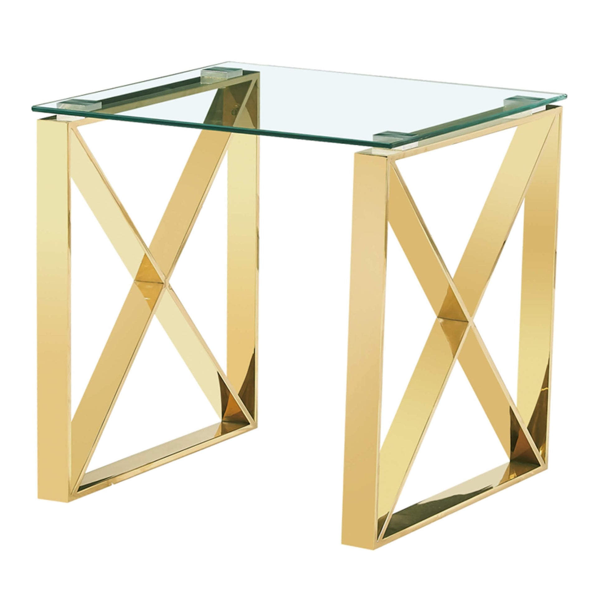 Gold geometric side table with glass top on a white background