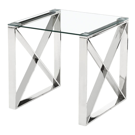 Glass side table with chrome geometric legs on a white background