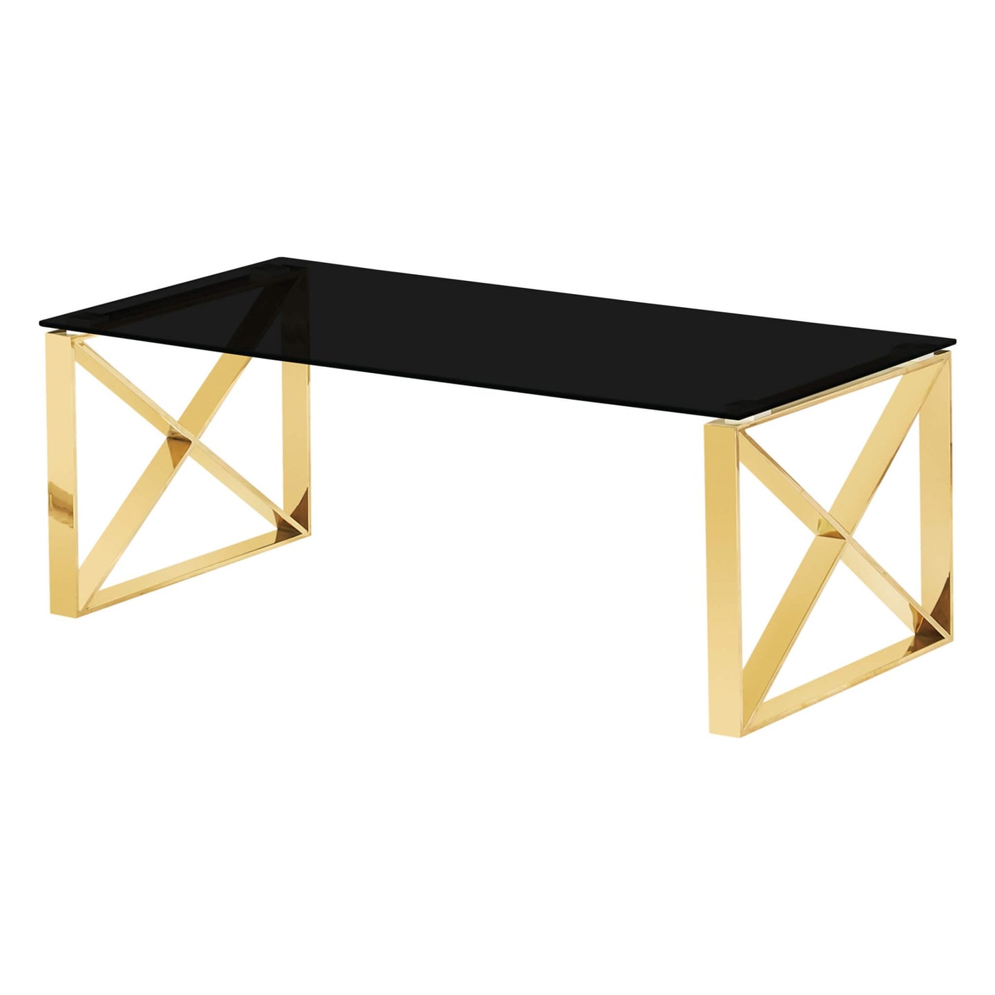 Black glass coffee table with gold metal frame on a white background