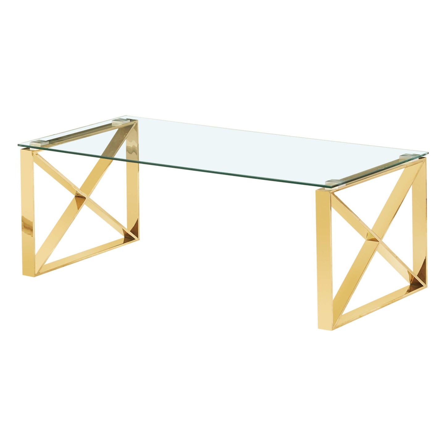Glass coffee table with gold geometric legs on a white background
