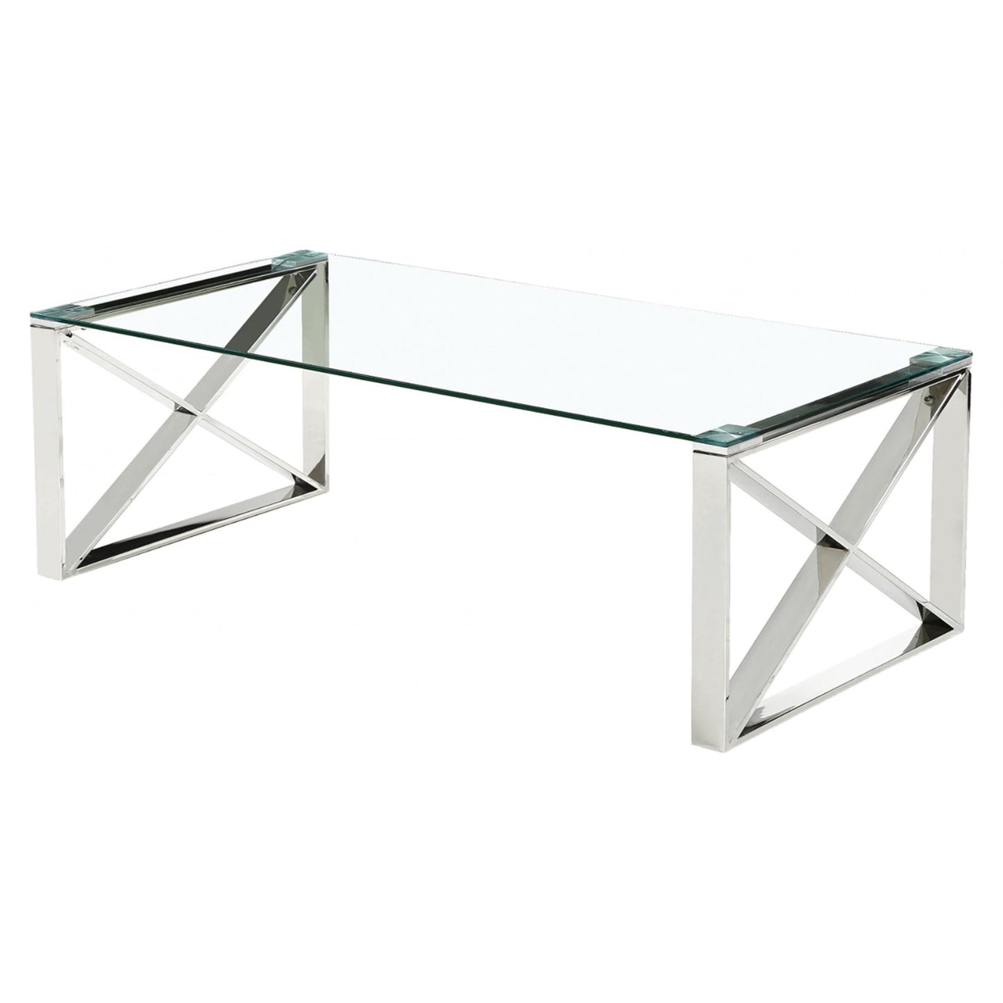 Clear glass coffee table with metal frame on a white background