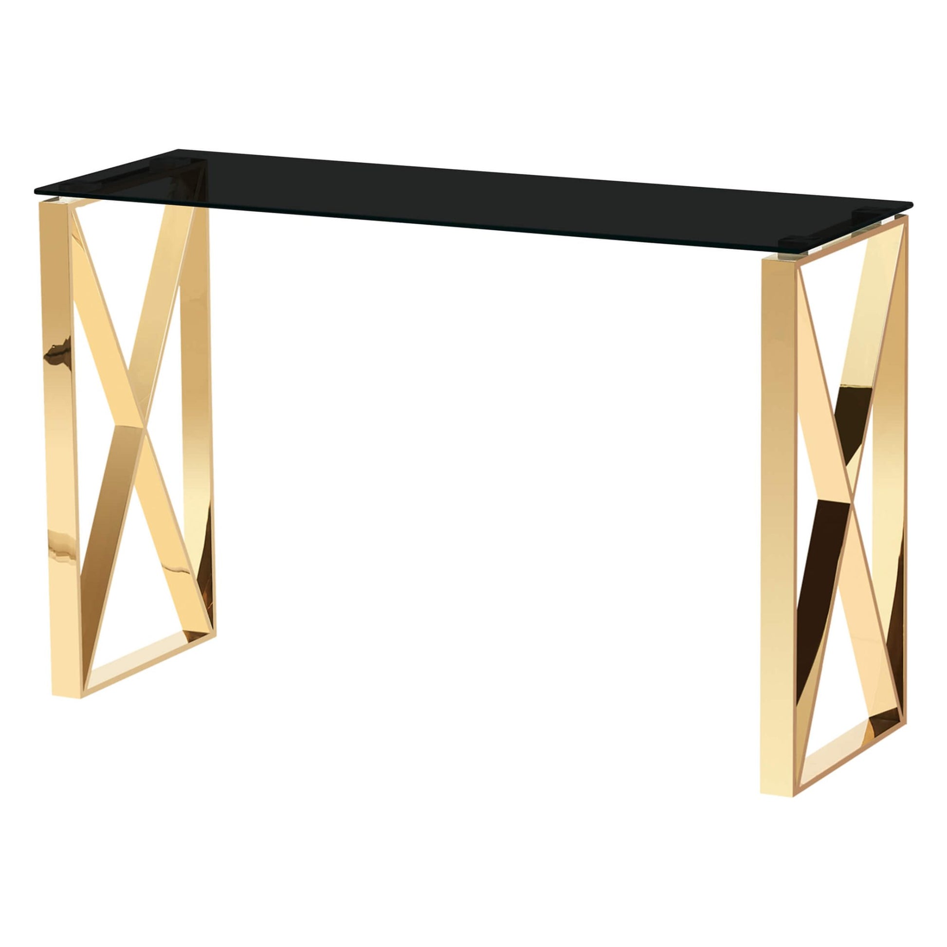 A black glass console table with gold legs in a geometric pattern, featuring a rectangular shape and displayed against a white background.