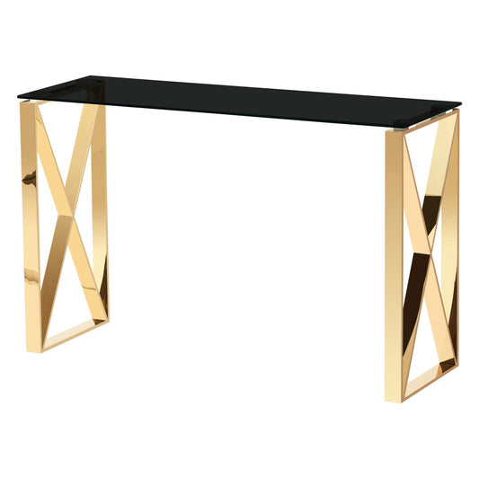 A black glass console table with gold legs in a geometric pattern, featuring a rectangular shape and displayed against a white background.