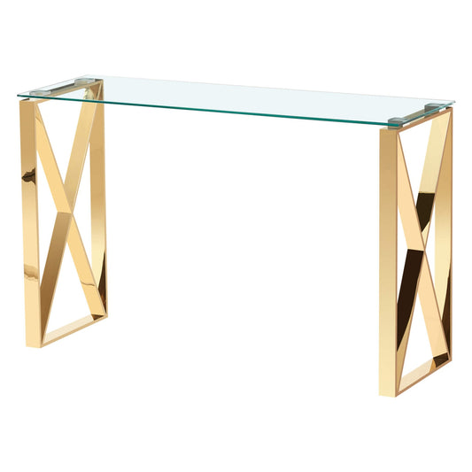 A clear glass console table with gold-colored legs, rectangular in shape, likely intended for use in an entryway or hall.