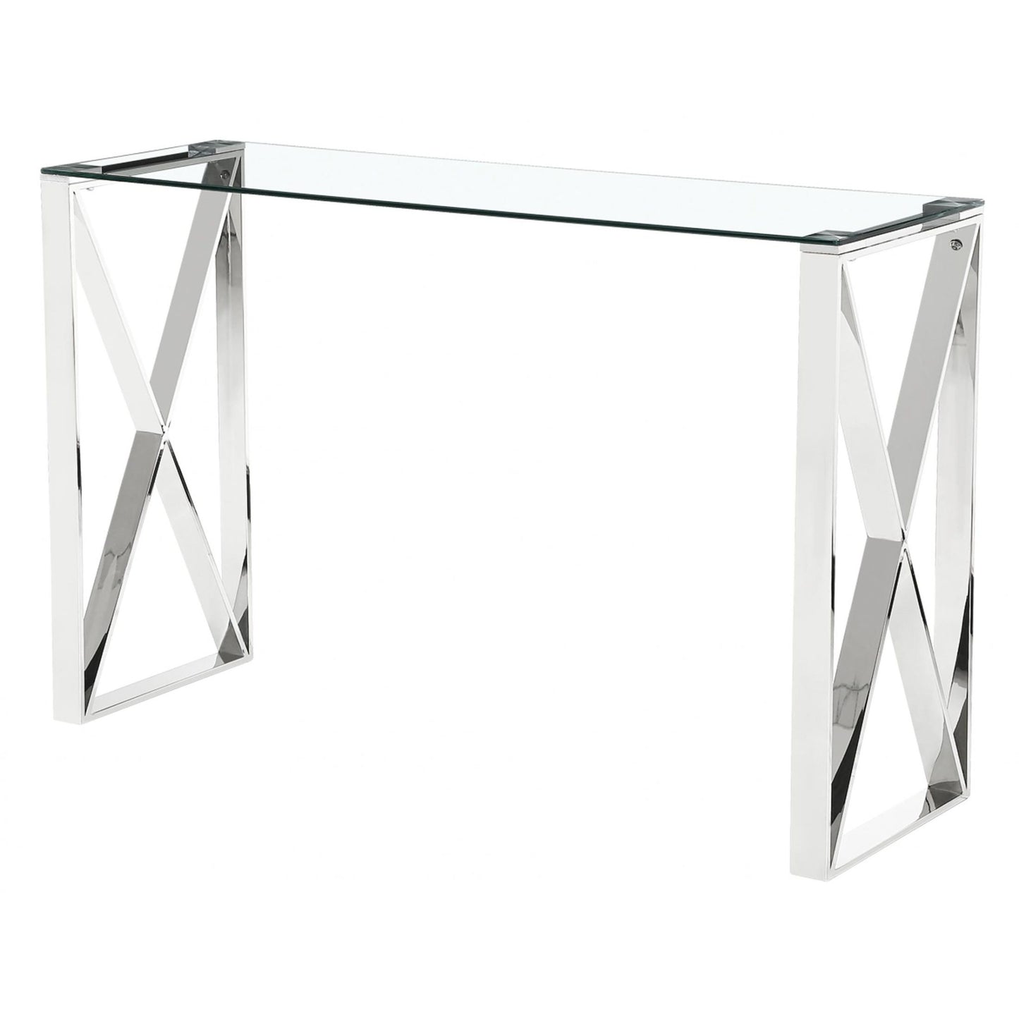 Clear glass console table with silver legs and a geometric pattern design.