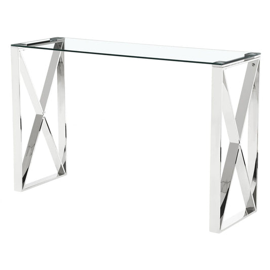 Clear glass console table with silver legs and a geometric pattern design.