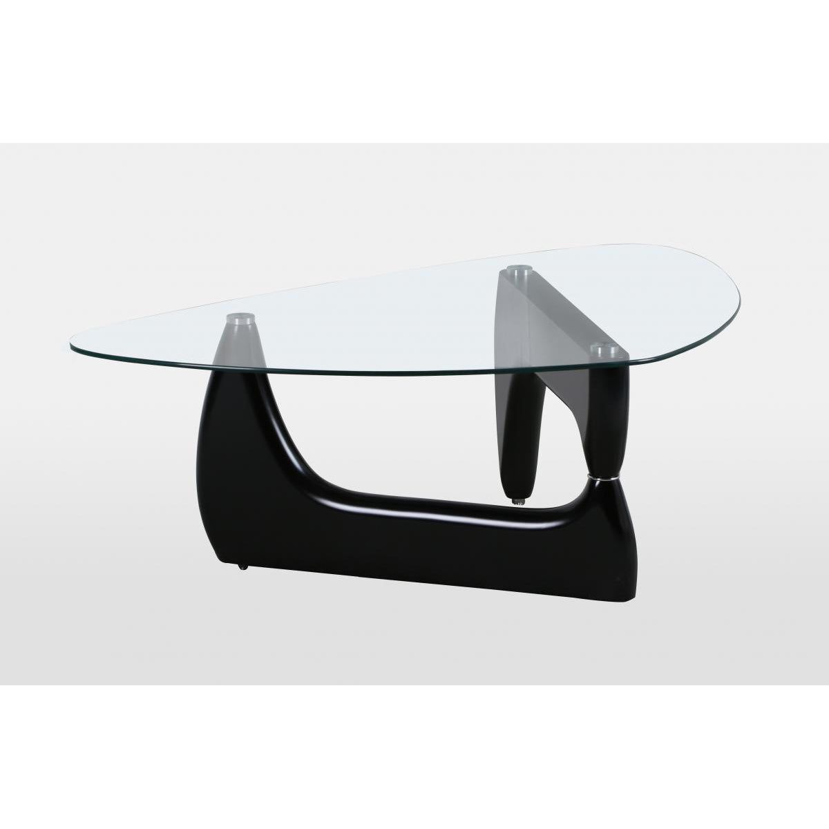 Glass coffee table with black base on a white background