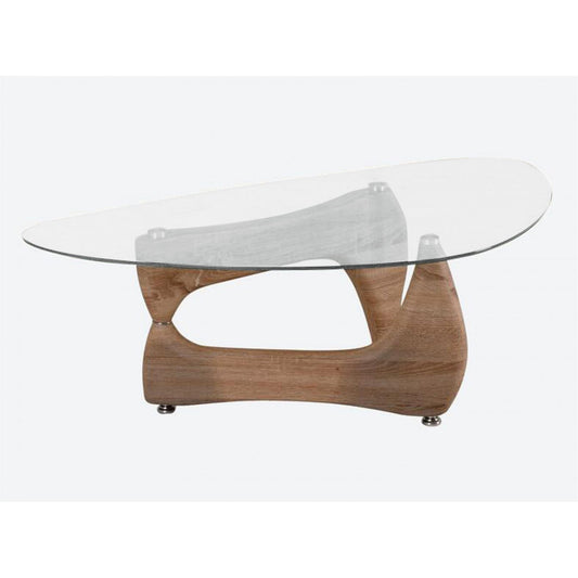 Modern coffee table with glass top and wooden base on a white background