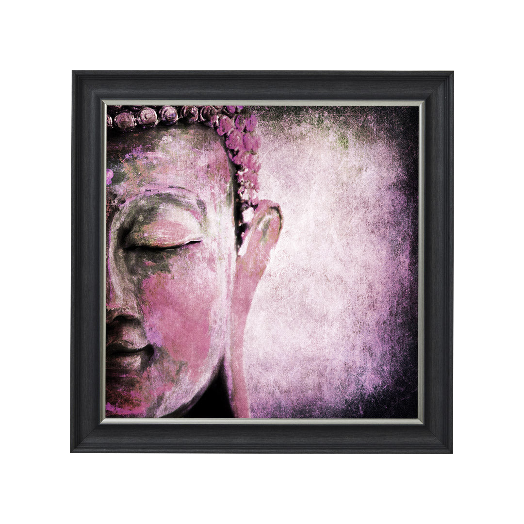 A black framed picture of a pink Buddha with a textured background.