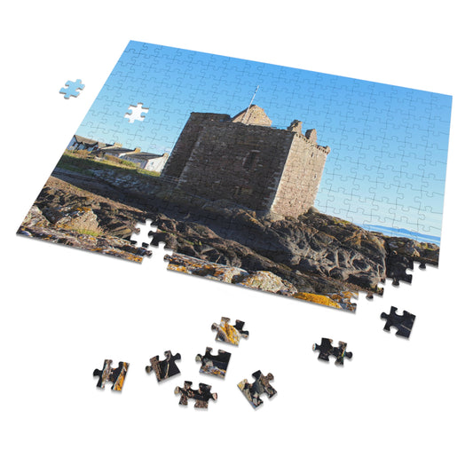 Jigsaw puzzle of a castle with missing pieces on a white background