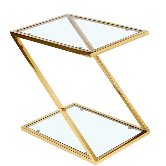 Gold geometric side table with glass top on a white background